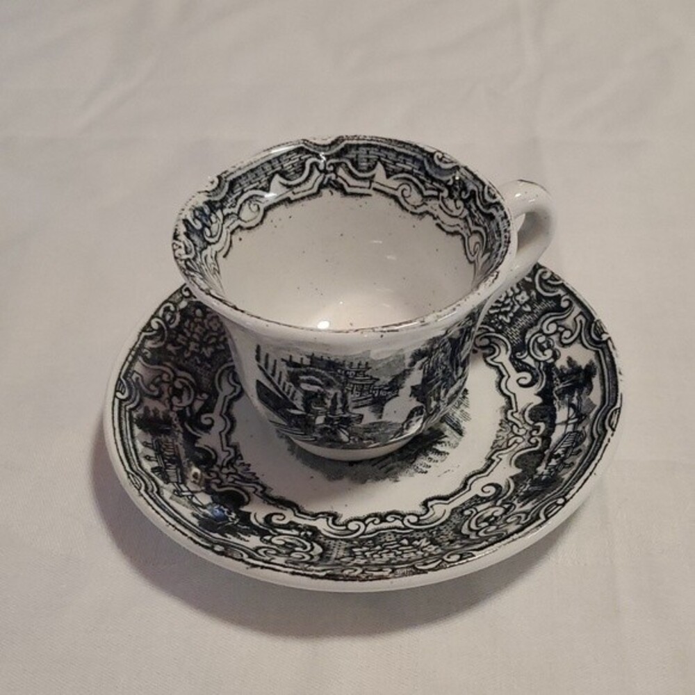 VTG La Cartuja de Sevilla “Vistas” Cup Saucer – Rare Black Transferware  Spain